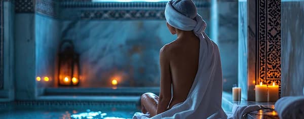 donna seduta di schiena in hammam con candele