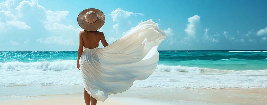 donna con vestito bianco che svolazza su una spiaggia polinesiana