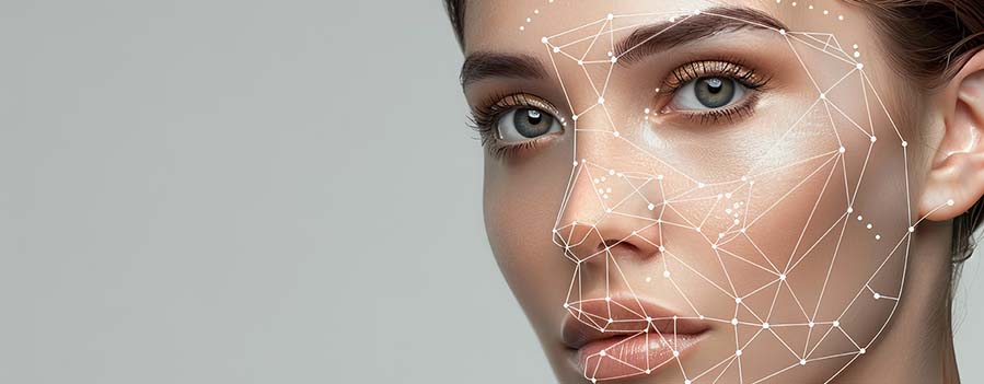 viso femminile con overlay tecnologico a forma di rete